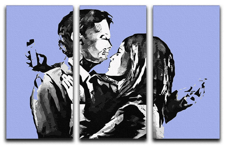 Banksy Mobile Lovers Blue 3 Split Panel Canvas Print showcasing a modern art design with vibrant colors and intricate details.