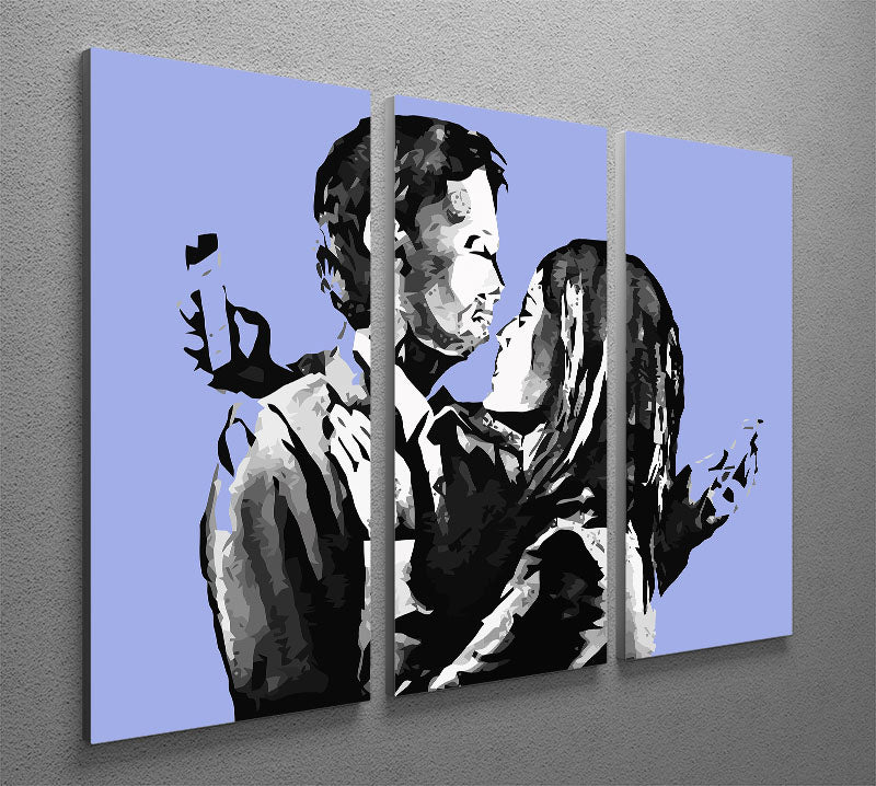 Banksy Mobile Lovers Blue 3 Split Panel Canvas Print showcasing a modern art design with vibrant colors and intricate details.