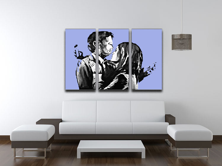 Banksy Mobile Lovers Blue 3 Split Panel Canvas Print showcasing a modern art design with vibrant colors and intricate details.