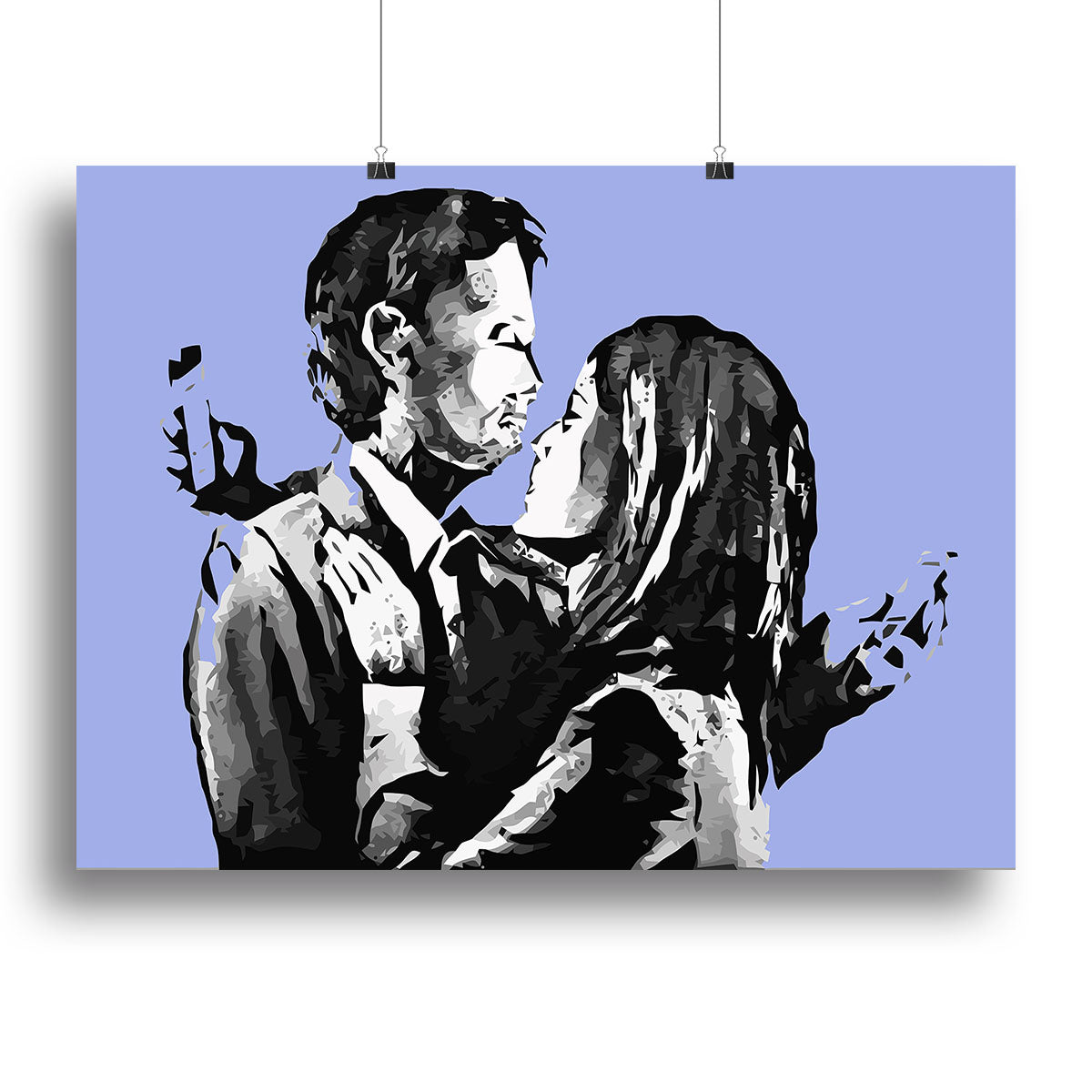 Banksy Mobile Lovers Blue Canvas Print showcasing a couple absorbed in their mobile devices, framed on a wall.