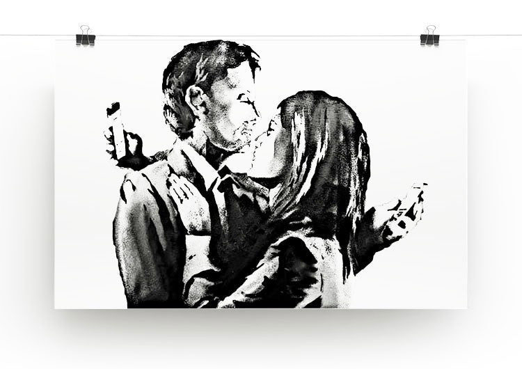 Banksy Mobile Lovers canvas print featuring a couple embracing while using mobile devices, showcasing modern love and technology.