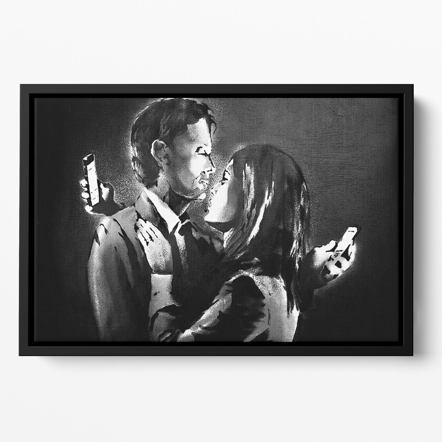 Banksy Mobile Lovers Floating Framed Canvas art featuring vibrant colors and abstract design in a handcrafted wooden frame.