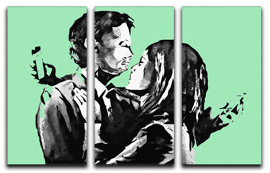 Banksy Mobile Lovers Green 3 Split Panel Canvas Print showcasing modern art with vibrant colors and intricate details.
