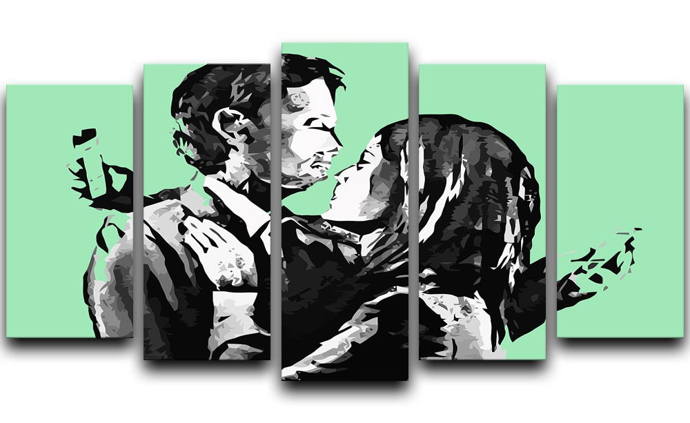 Banksy Mobile Lovers Green artwork displayed on a 5-split canvas, showcasing vibrant colors and dynamic design.