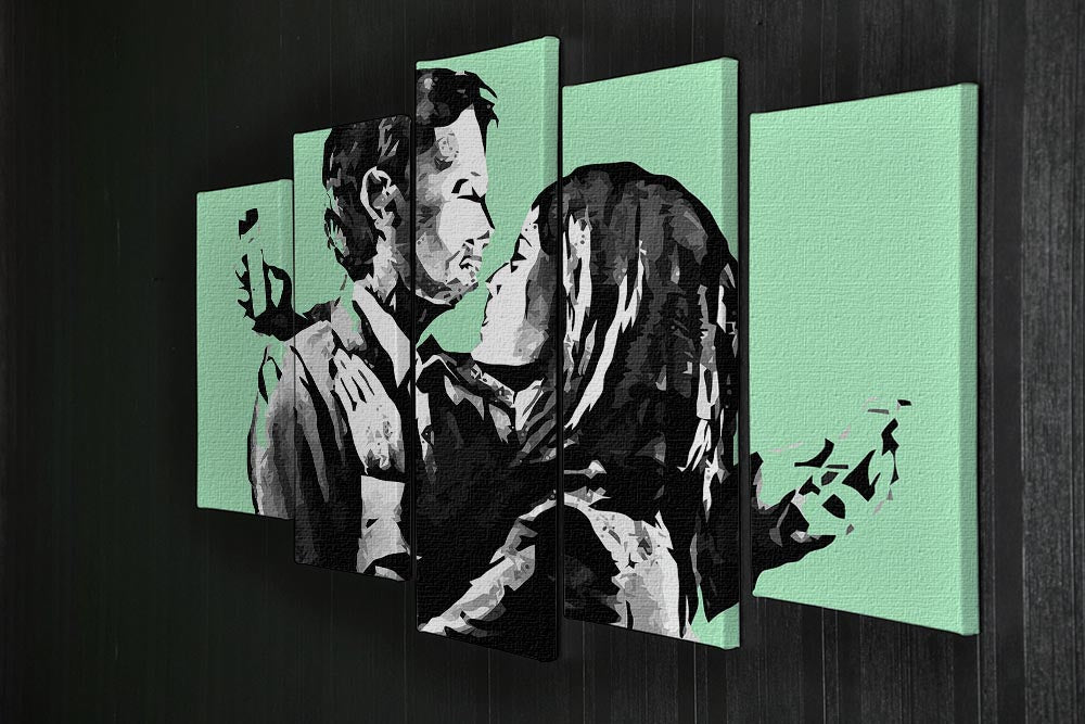 Banksy Mobile Lovers Green artwork displayed on a 5-split canvas, showcasing vibrant colors and dynamic design.