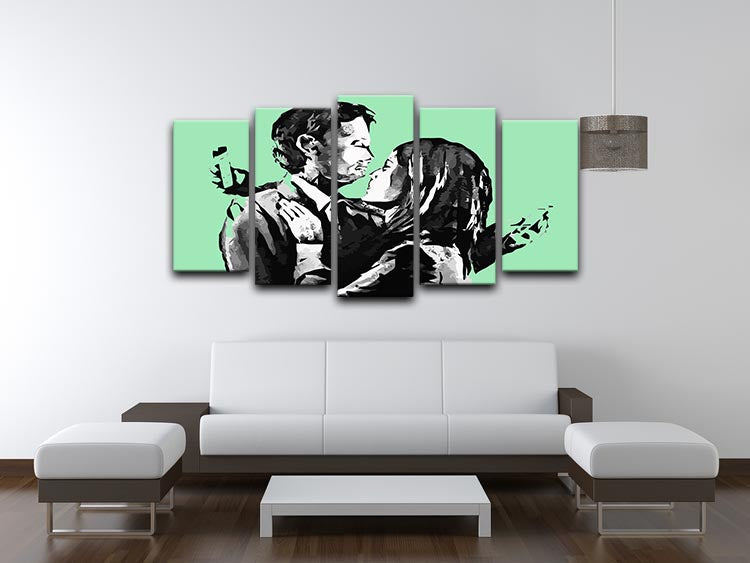 Banksy Mobile Lovers Green artwork displayed on a 5-split canvas, showcasing vibrant colors and dynamic design.