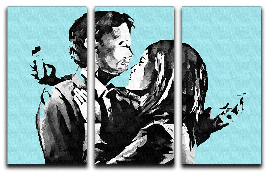Banksy Mobile Lovers Light Blue 3 Split Panel Canvas Print showcasing three panels of modern art depicting a couple in a loving embrace.
