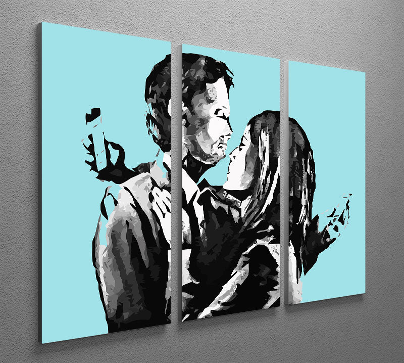 Banksy Mobile Lovers Light Blue 3 Split Panel Canvas Print showcasing three panels of modern art depicting a couple in a loving embrace.