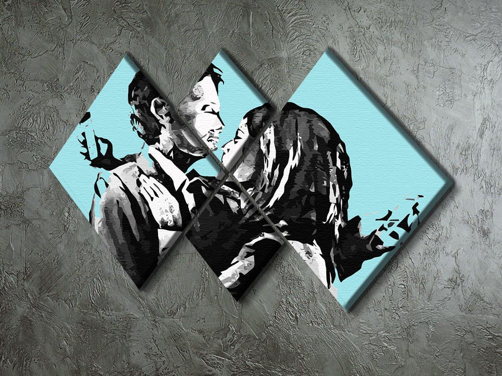 Banksy Mobile Lovers Light Blue 4 Square Multi Panel Canvas featuring four individual panels creating a cohesive artwork.