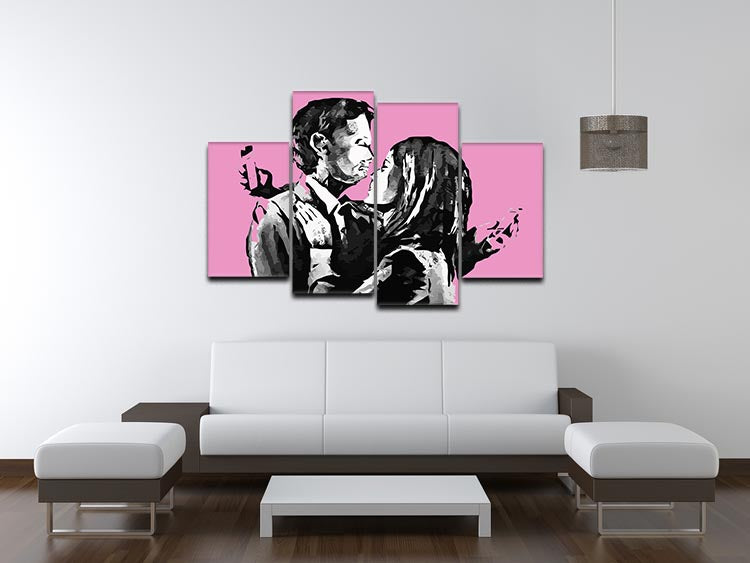 Banksy Mobile Lovers Pink 4 Split Panel Canvas artwork featuring a vibrant pink color scheme divided into four panels.