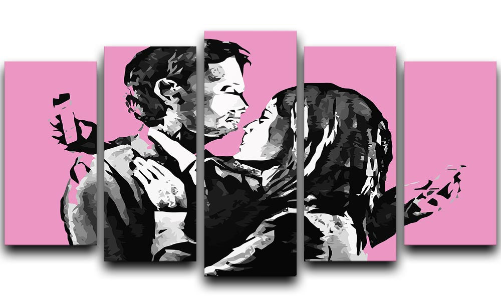 Banksy Mobile Lovers Pink 5 Split Panel Canvas artwork featuring vibrant pink colors and a modern design, divided into five panels.