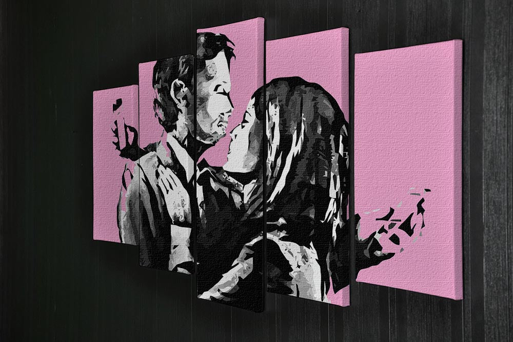 Banksy Mobile Lovers Pink 5 Split Panel Canvas artwork featuring vibrant pink colors and a modern design, divided into five panels.