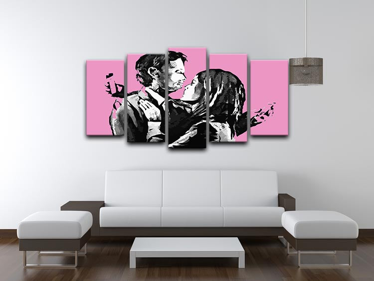 Banksy Mobile Lovers Pink 5 Split Panel Canvas artwork featuring vibrant pink colors and a modern design, divided into five panels.