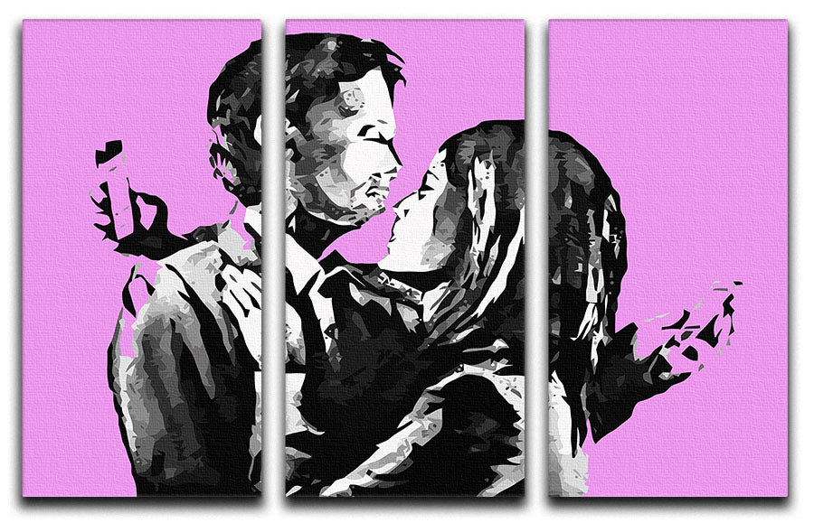 Banksy Mobile Lovers Purple 3 Split Panel Canvas Print showcasing vibrant colors and modern art design.