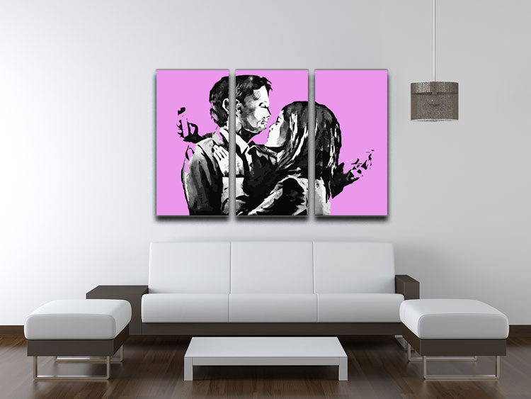 Banksy Mobile Lovers Purple 3 Split Panel Canvas Print showcasing vibrant colors and modern art design.