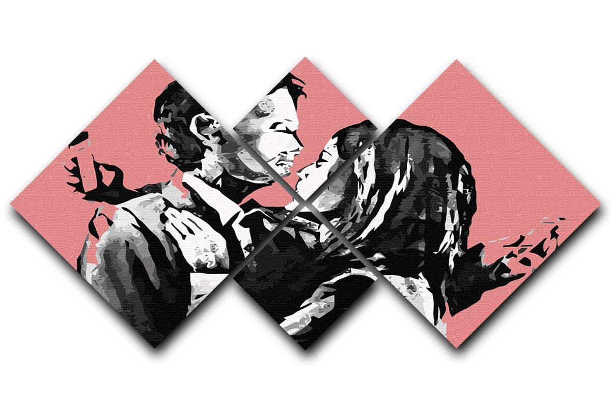 Banksy Mobile Lovers Red 4 Square Multi Panel Canvas featuring four vibrant red panels creating a cohesive artwork.