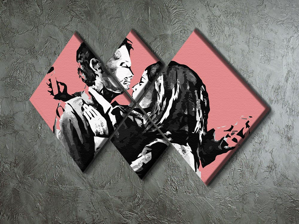 Banksy Mobile Lovers Red 4 Square Multi Panel Canvas featuring four vibrant red panels creating a cohesive artwork.