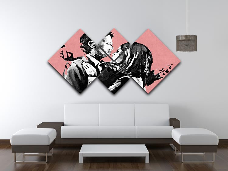 Banksy Mobile Lovers Red 4 Square Multi Panel Canvas featuring four vibrant red panels creating a cohesive artwork.