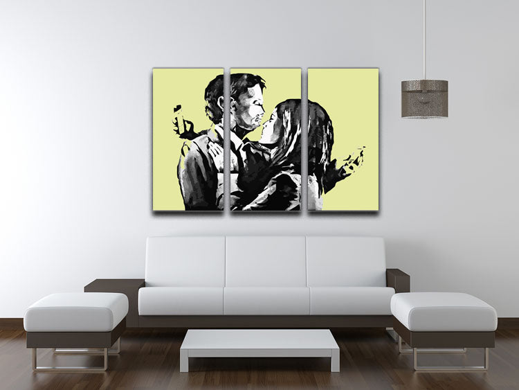 Banksy Mobile Lovers Yellow 3 Split Panel Canvas Print featuring vibrant colors and modern art design, perfect for home decor.