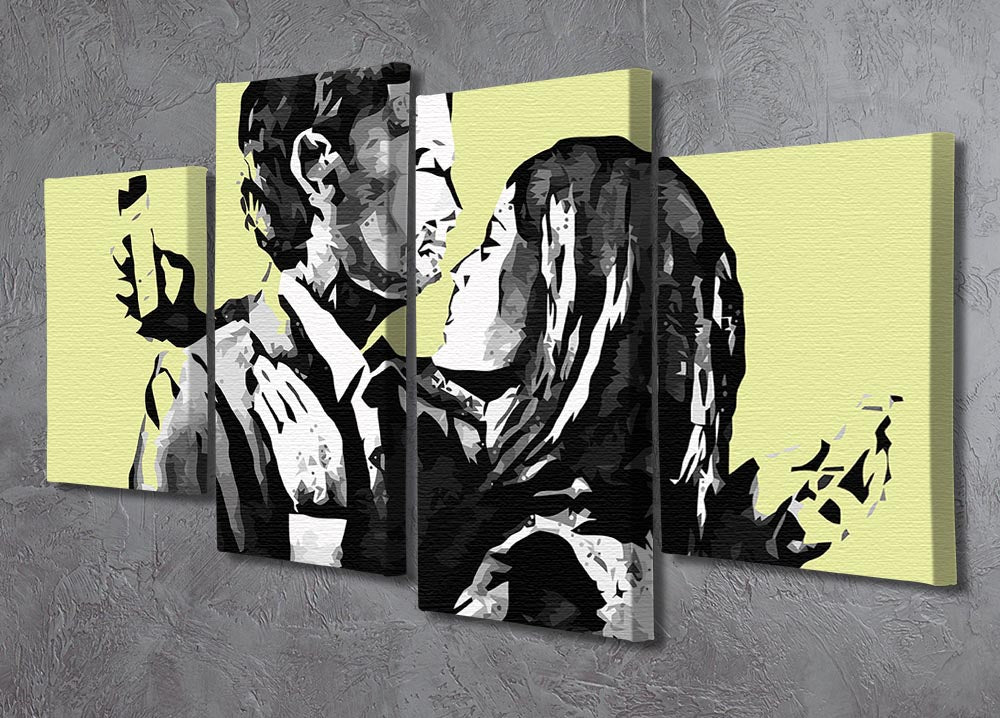 Banksy Mobile Lovers Yellow 4 Split Panel Canvas artwork featuring vibrant colors and dynamic split panel design.