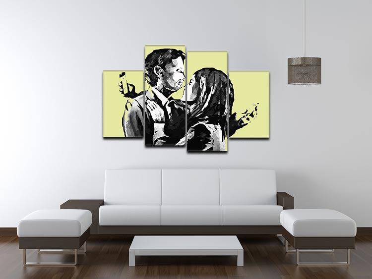Banksy Mobile Lovers Yellow 4 Split Panel Canvas artwork featuring vibrant colors and dynamic split panel design.