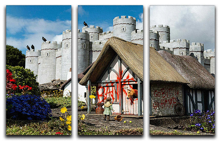 Banksy Model Village Great Yarmouth 3-panel canvas print showcasing vibrant colors and intricate designs, perfect for home decor.