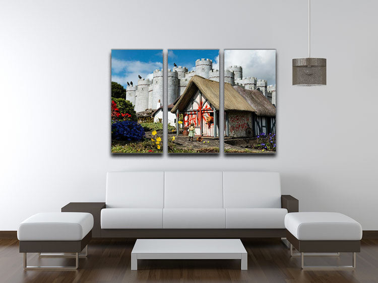 Banksy Model Village Great Yarmouth 3-panel canvas print showcasing vibrant colors and intricate designs, perfect for home decor.