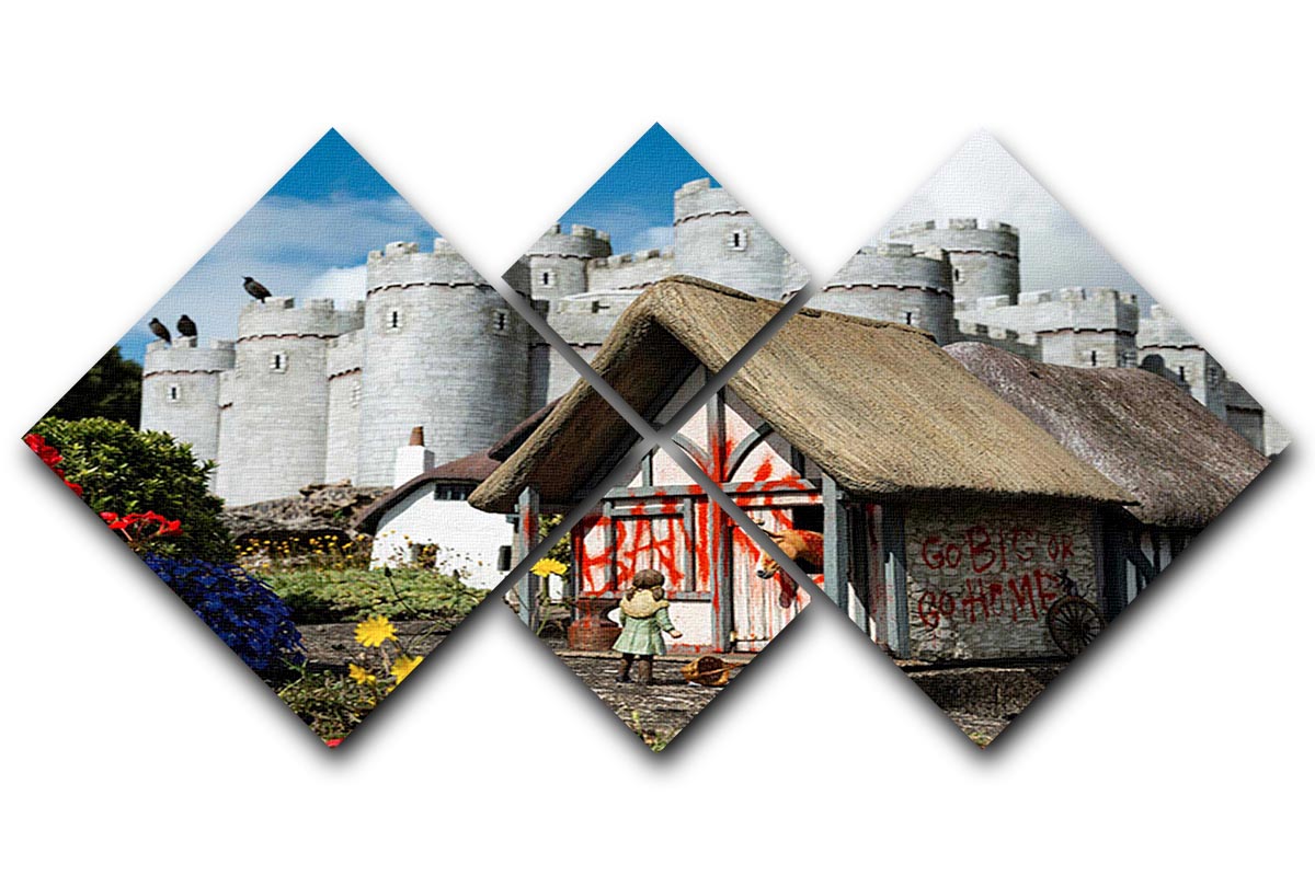 Banksy Model Village Great Yarmouth 4 Square Multi Panel Canvas featuring four equal square sections of urban street art.