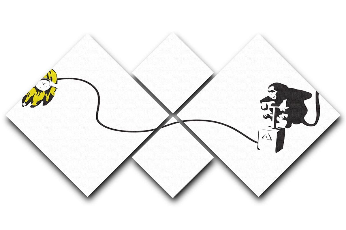 Banksy Monkey Banana Bomb 4 Square Multi Panel Canvas featuring a playful monkey holding a banana bomb, divided into four equal panels.