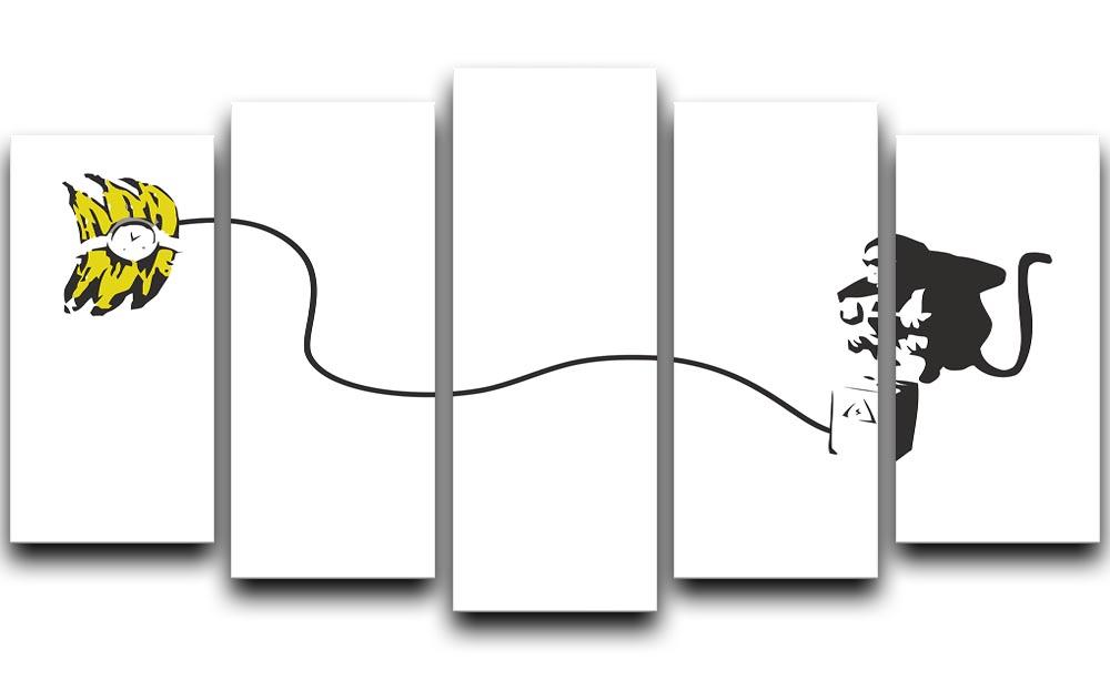 Banksy Monkey Banana Bomb artwork displayed on a 5-split canvas, featuring vibrant colors and dynamic design.