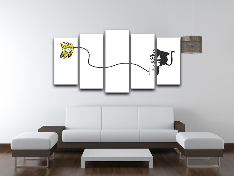 Banksy Monkey Banana Bomb artwork displayed on a 5-split canvas, featuring vibrant colors and dynamic design.