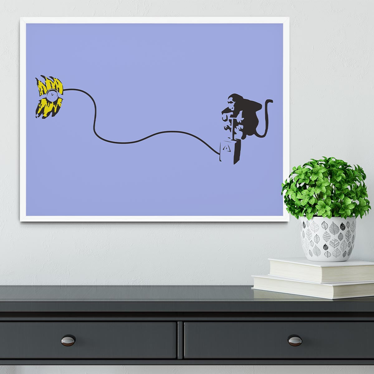 Banksy Monkey Banana Bomb Blue Framed Print showcasing vibrant colors and intricate details in a stylish frame.