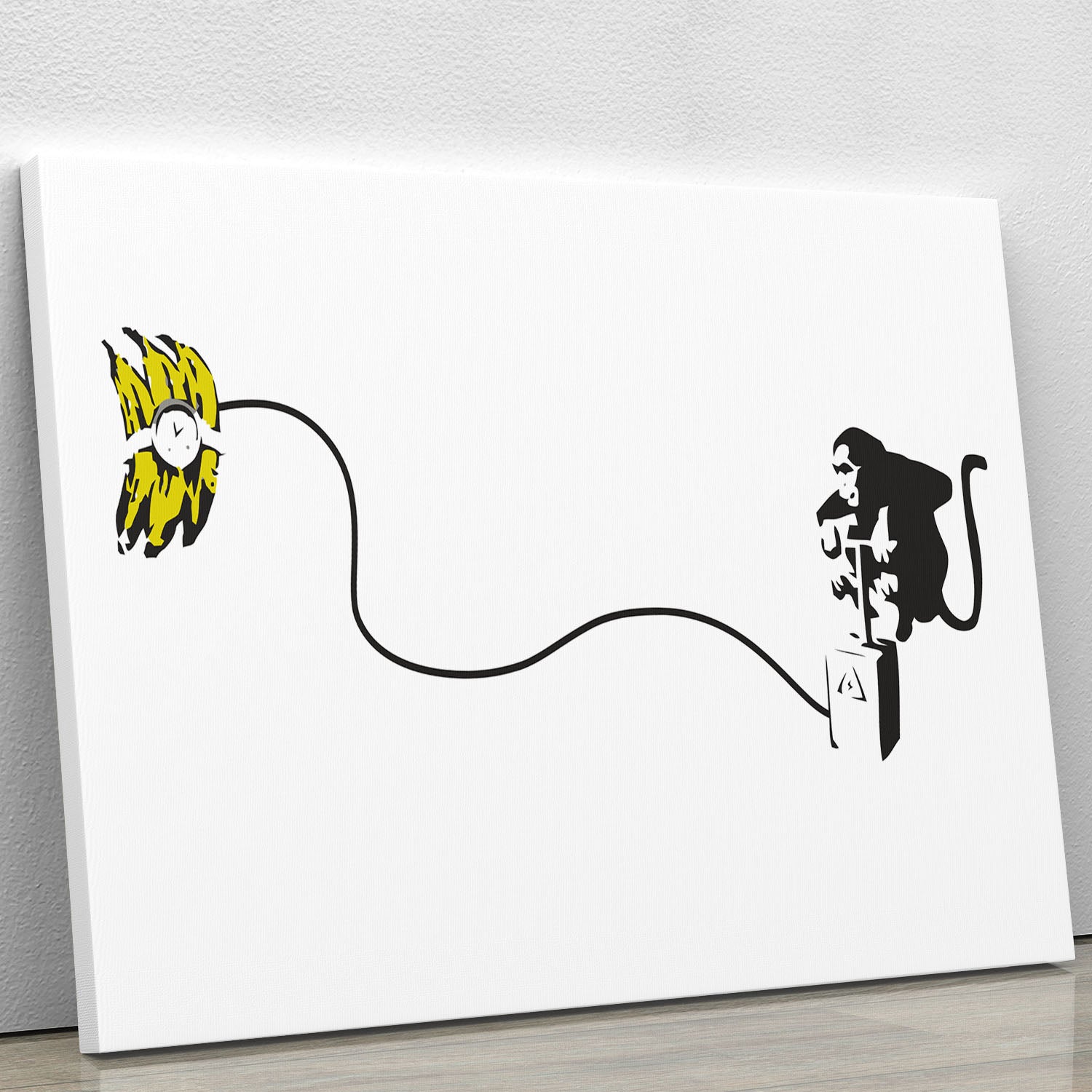 Banksy Monkey Banana Bomb canvas print featuring a playful monkey holding a banana bomb, vibrant colors, and modern art style.
