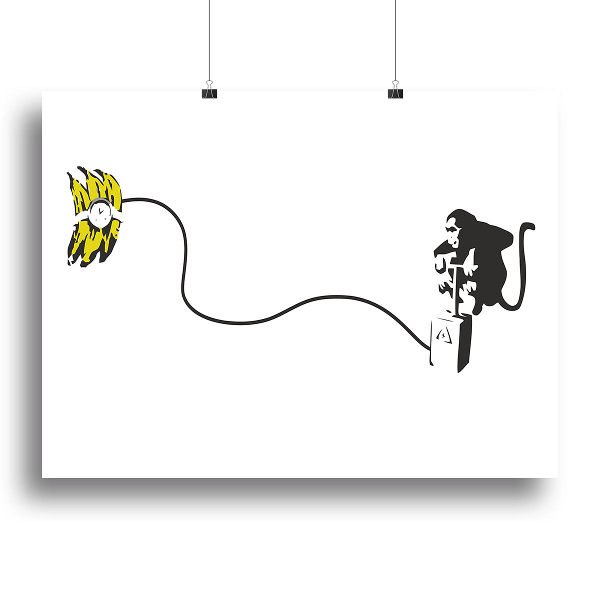 Banksy Monkey Banana Bomb canvas print featuring a playful monkey holding a banana bomb, vibrant colors, and modern art style.