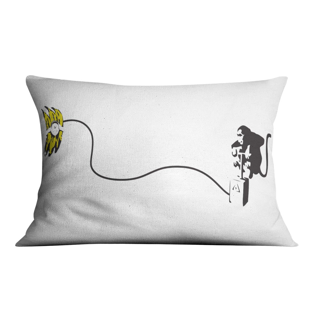 Banksy Monkey Banana Bomb Cushion featuring vibrant abstract design on luxurious vegan faux suede.
