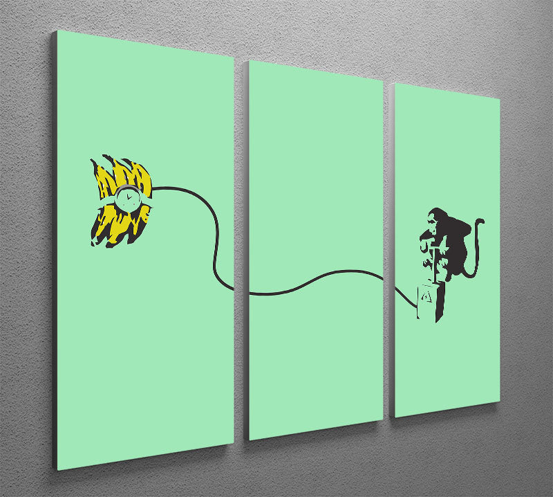 Banksy Monkey Banana Bomb Green 3-panel canvas print featuring vibrant colors and modern art design, perfect for home decor.