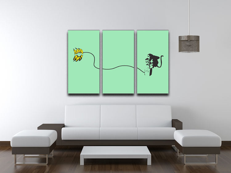Banksy Monkey Banana Bomb Green 3-panel canvas print featuring vibrant colors and modern art design, perfect for home decor.