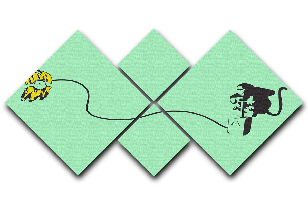 Banksy Monkey Banana Bomb Green 4 Square Multi Panel Canvas artwork featuring a playful monkey with a banana bomb on a vibrant green background.