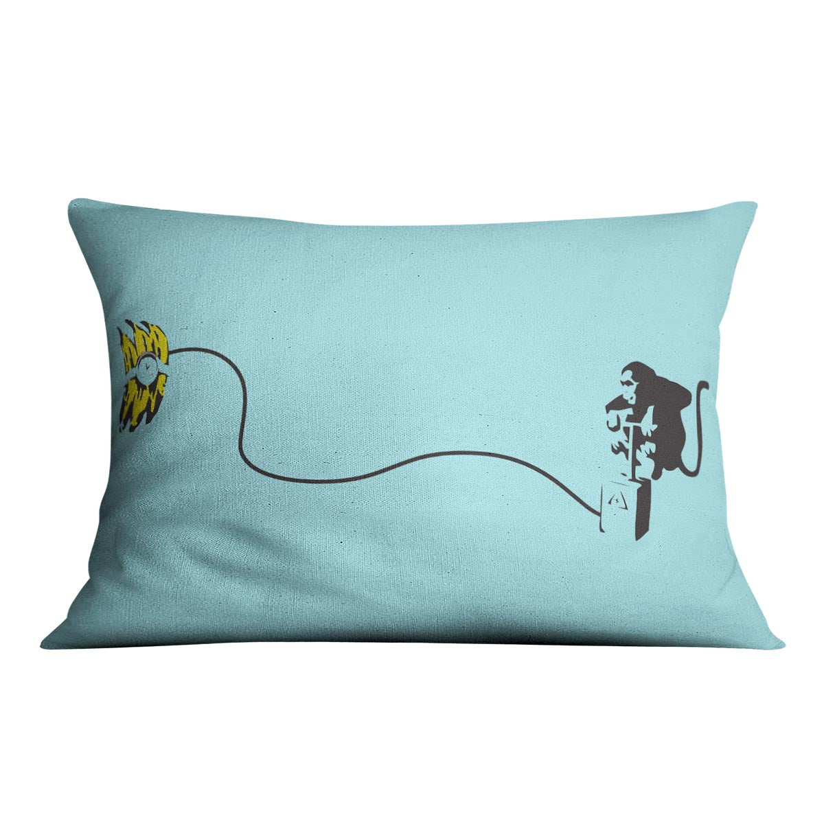 Banksy Monkey Banana Bomb Light Blue Cushion featuring a vibrant monkey design on luxurious faux suede.