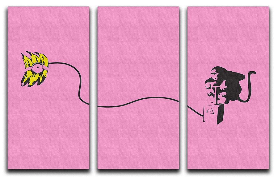 Banksy Monkey Banana Bomb Pink 3-panel canvas print featuring vibrant colors and modern art design, perfect for home decor.