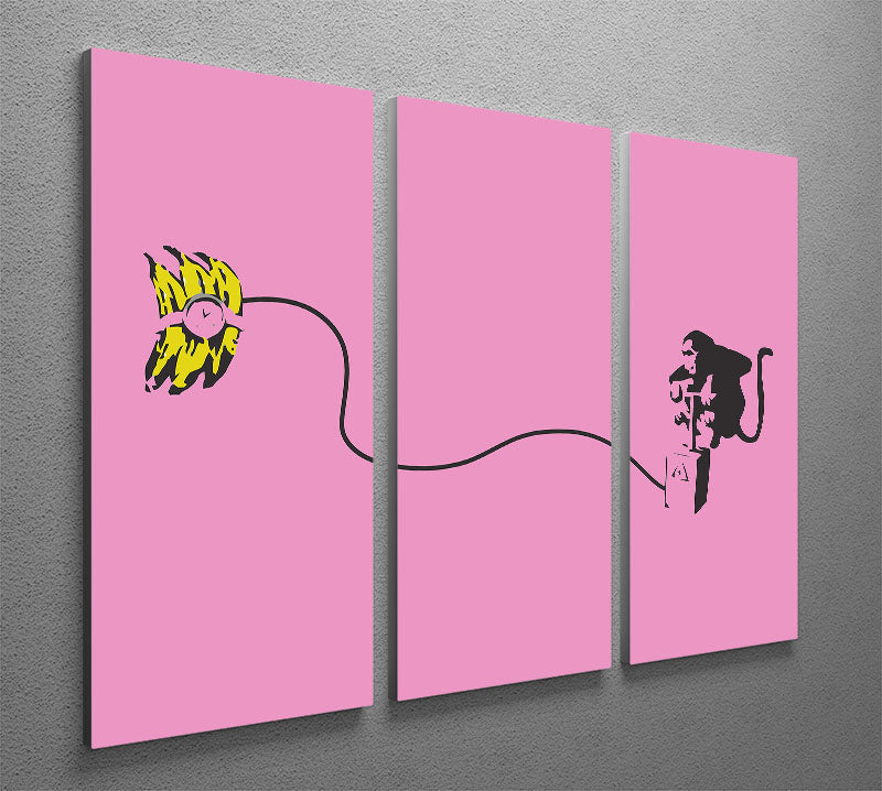 Banksy Monkey Banana Bomb Pink 3-panel canvas print featuring vibrant colors and modern art design, perfect for home decor.
