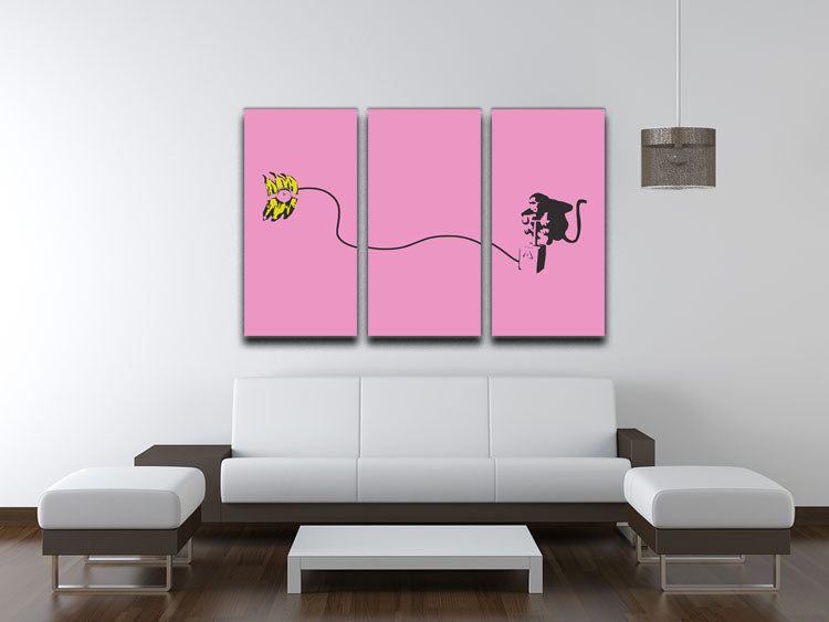 Banksy Monkey Banana Bomb Pink 3-panel canvas print featuring vibrant colors and modern art design, perfect for home decor.