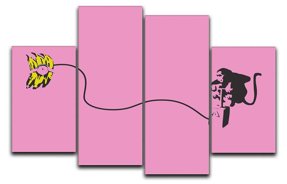 Banksy Monkey Banana Bomb Pink 4 Split Panel Canvas featuring a vibrant pink monkey holding a banana bomb, divided into four equal sections.