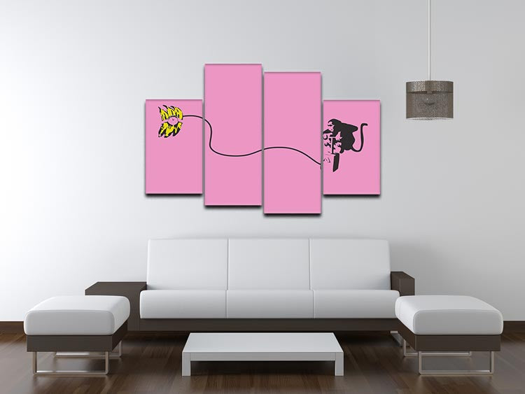 Banksy Monkey Banana Bomb Pink 4 Split Panel Canvas featuring a vibrant pink monkey holding a banana bomb, divided into four equal sections.