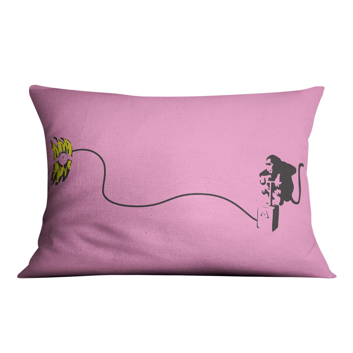 Banksy Monkey Banana Bomb Pink Cushion featuring vibrant colors and playful design on luxurious vegan faux suede.