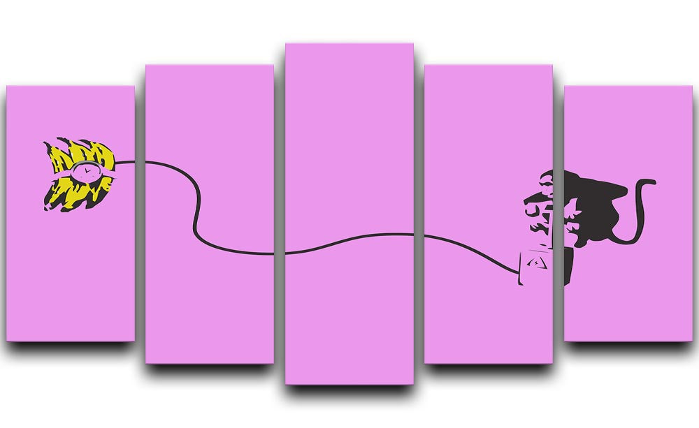 Banksy Monkey Banana Bomb artwork displayed on a 5-split canvas with vibrant purple colors.