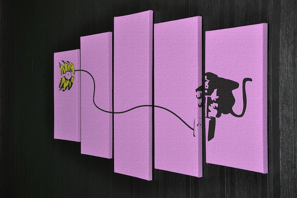 Banksy Monkey Banana Bomb artwork displayed on a 5-split canvas with vibrant purple colors.