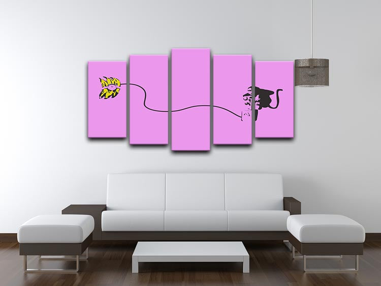 Banksy Monkey Banana Bomb artwork displayed on a 5-split canvas with vibrant purple colors.