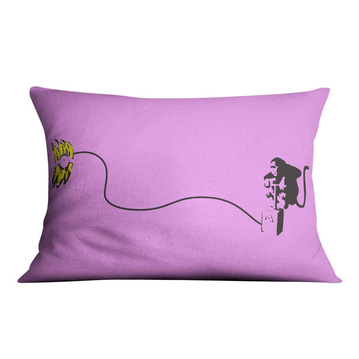 Banksy Monkey Banana Bomb Purple Cushion featuring a playful monkey design on luxurious vegan faux suede.