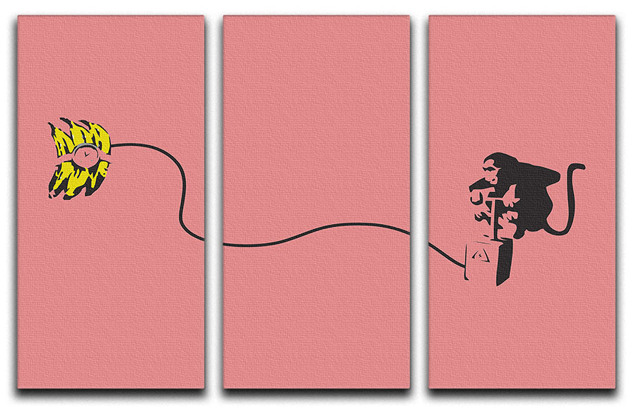 Banksy Monkey Banana Bomb Red 3-panel canvas print featuring vibrant colors and modern art design, perfect for home or office decor.